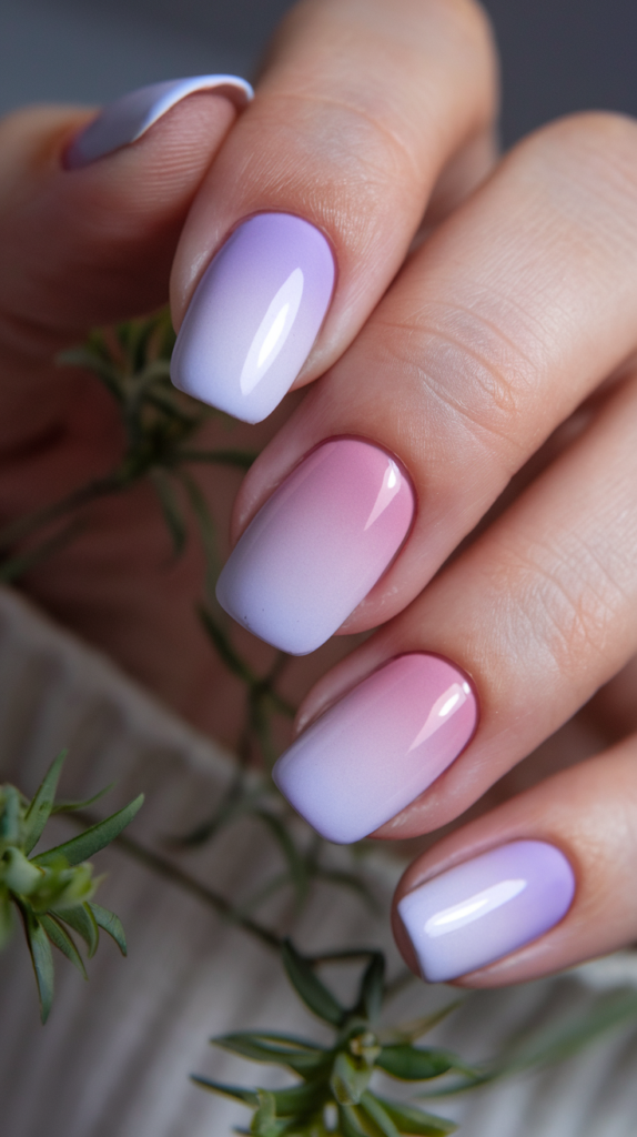 Close-up of hands showing a lavender-to-pink ombre gradient on long, glossy nails.
