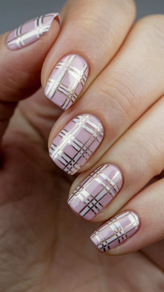 Preppy pink plaid nails with white and gold stripes, adding a stylish, classic pattern