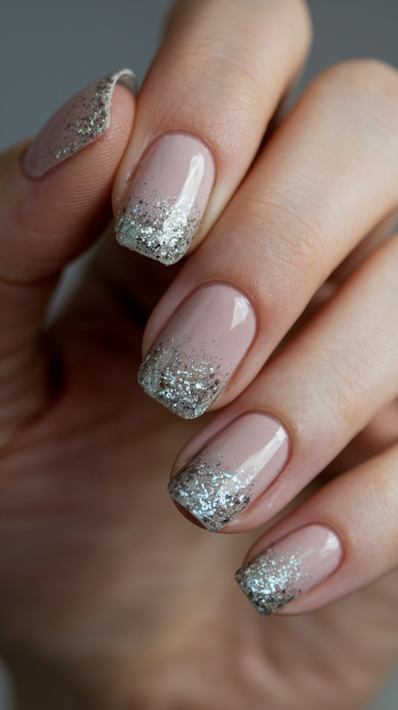 Nude nails with a silver glitter gradient at the tips, adding a subtle touch of Christmas sparkle