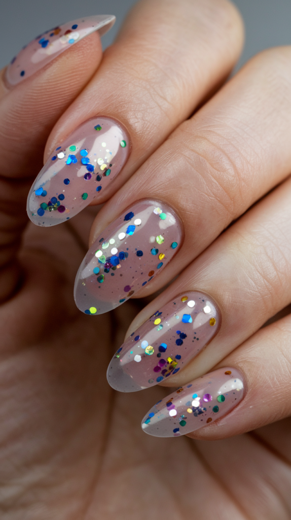 Translucent pink nails sprinkled with colorful confetti-style glitter for a playful, party-ready look