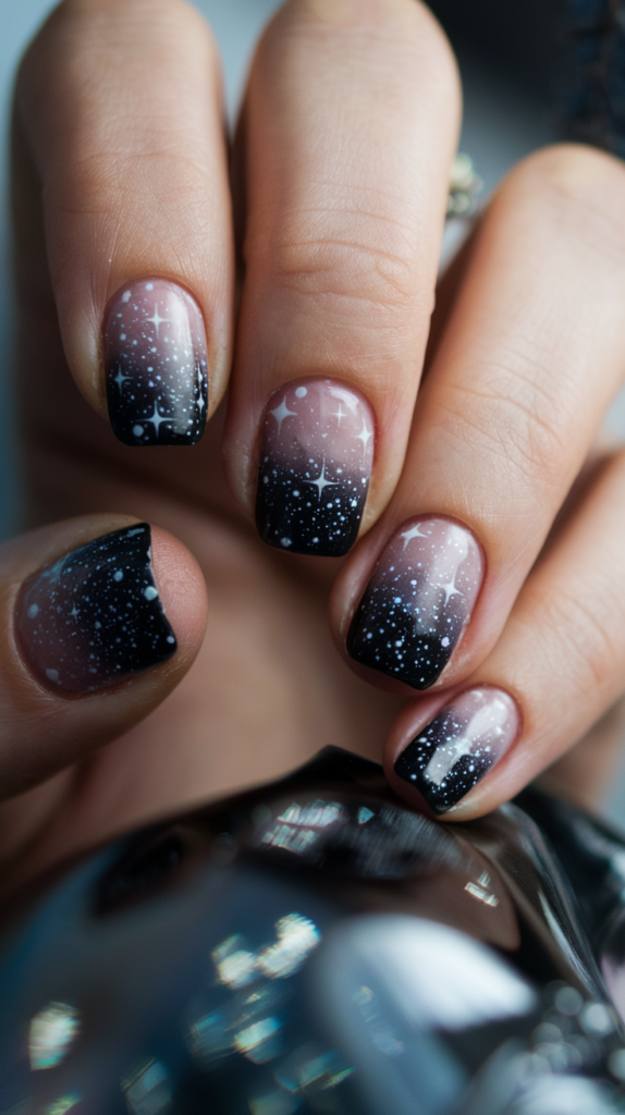 Nails painted to resemble a starry night sky, with tiny white dots scattered over a black base for a celestial look