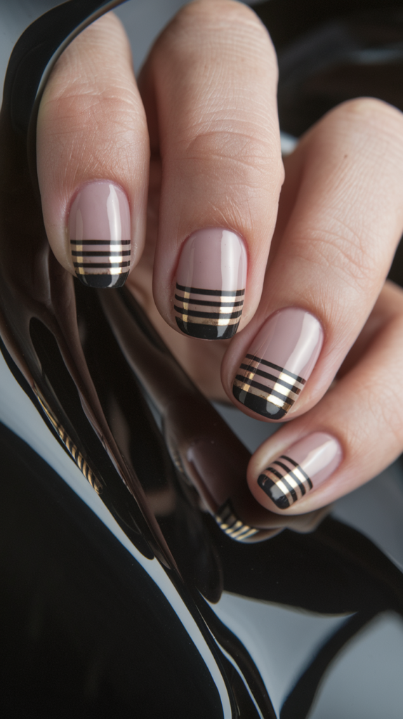 Elegant black nails with thin, precise gold stripes, adding a touch of luxury and glamour