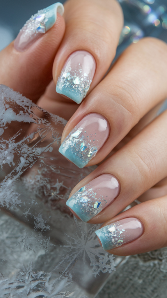 Light blue nails with silver glitter applied to create a frosty, icy effect resembling sparkling frozen crystals