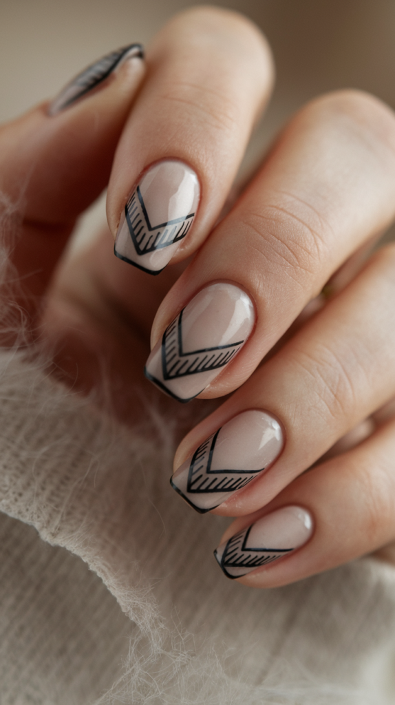 Minimalist nails with small geometric shapes, like triangles and squares, in muted tones