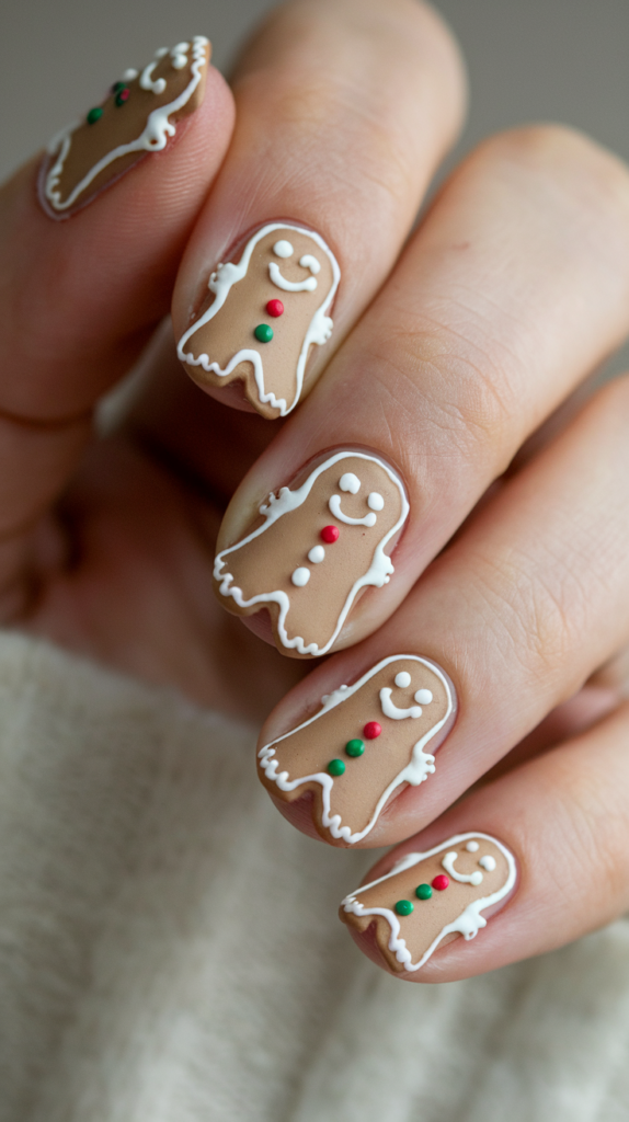 Nude nails with tiny gingerbread men and houses, decorated with white icing details for a cute Christmas theme