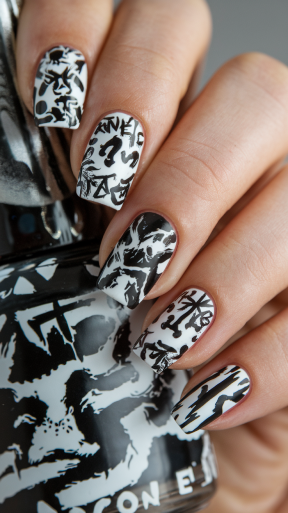 Black and white street-style nails featuring gang symbols and dragons from Tokyo Revengers