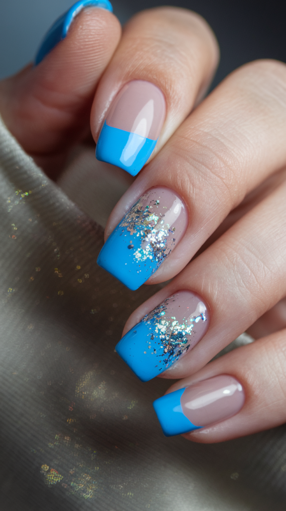 Nails featuring bold blue French tips with glitter accents, adding sparkle to a classic French manicure design