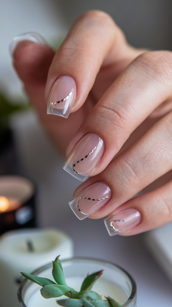 Minimalist nails with small geometric shapes, like triangles and squares, in muted tones