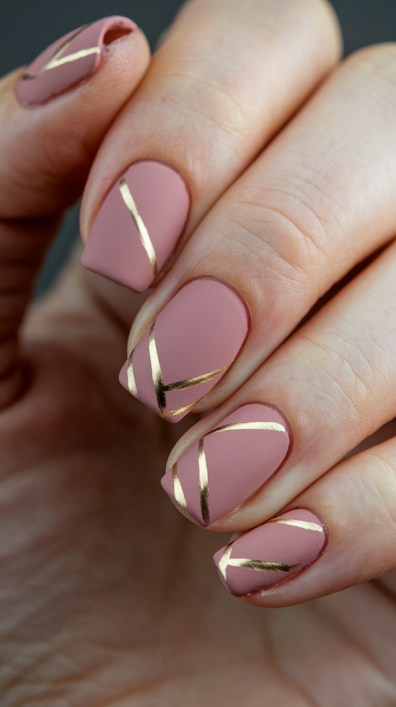 Chic matte pink nails paired with sleek gold stripes for a modern and stylish finish