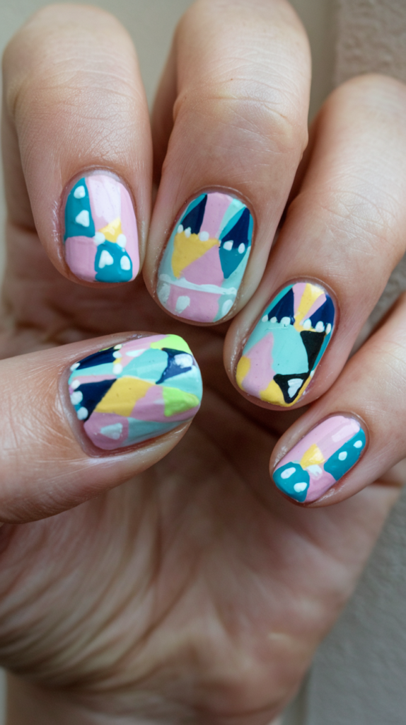 Nails showcasing geometric shapes, including triangles and squares in pastel tones like lavender and soft peach, with clean lines and a minimalistic style.