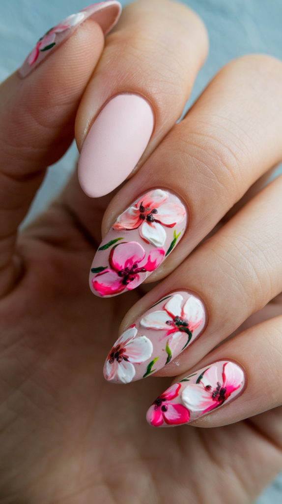 Delicate pink nails adorned with raised 3D floral embellishments, creating a textured and feminine design