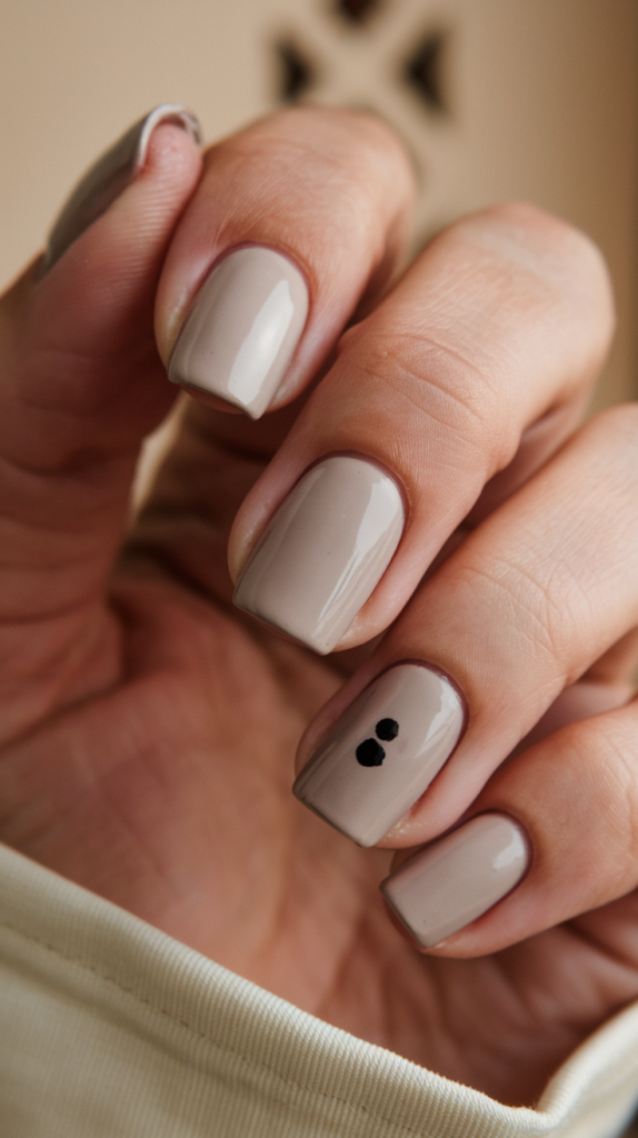 Minimalist nails with small geometric shapes, like triangles and squares, in muted tones