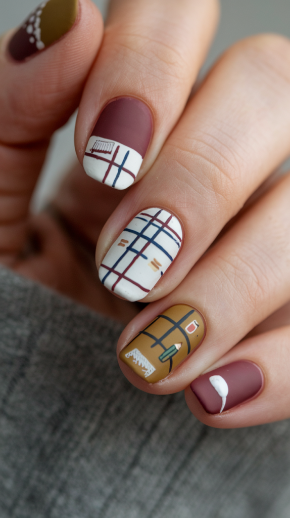 Back-to-school-inspired nails with muted tones like burgundy and navy, showcasing plaid patterns and minimalist geometric shapes