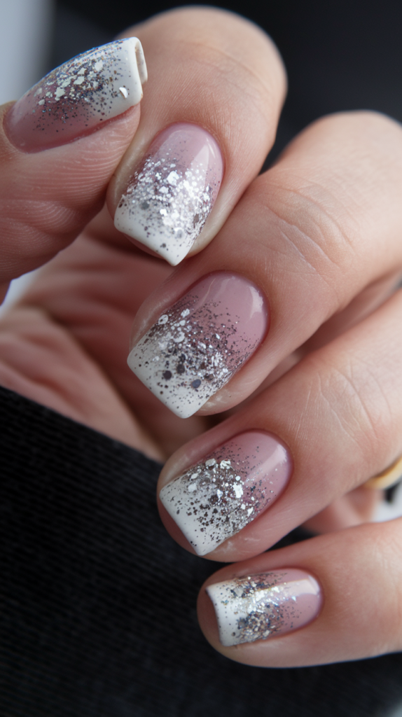 Nails showing a gradient effect using silver glitter dust fading towards the base