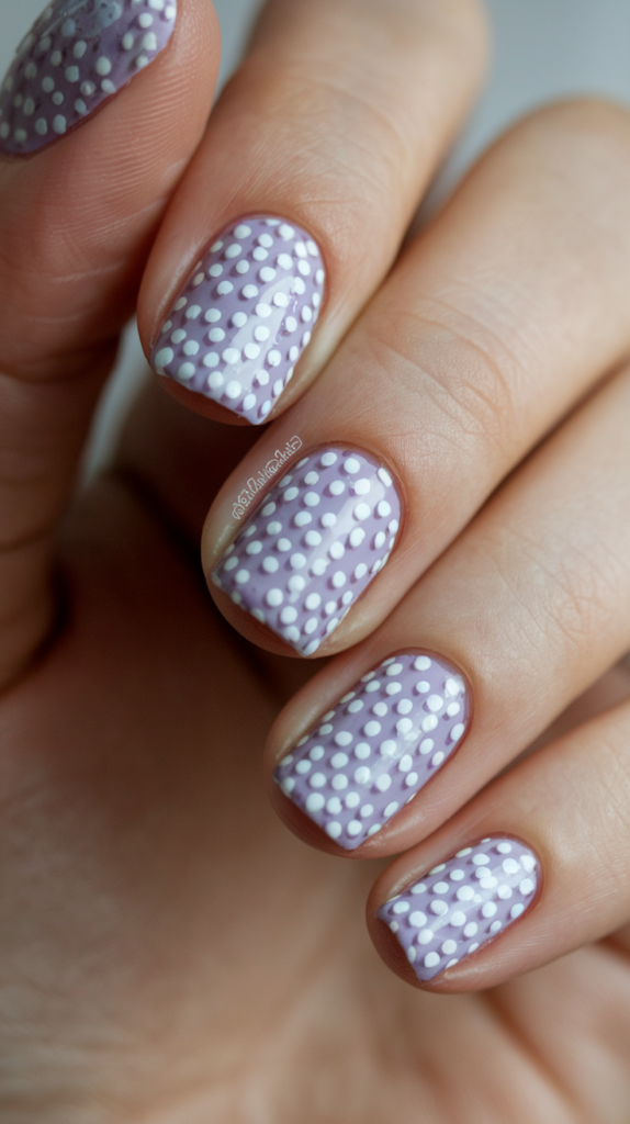 Light purple nails decorated with small, uniform white polka dots for a playful design.
