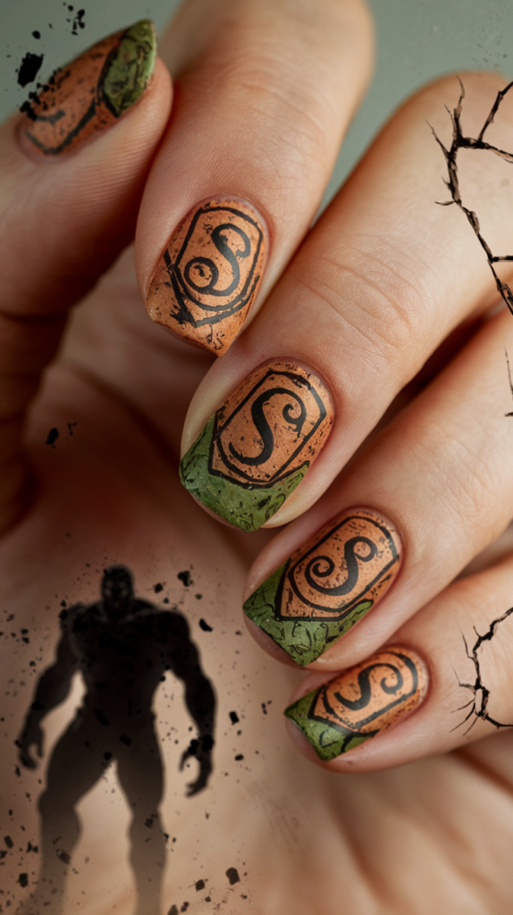 Earthy-toned nails with the Survey Corps emblem and Titan designs, including cracks and battle-worn textures.