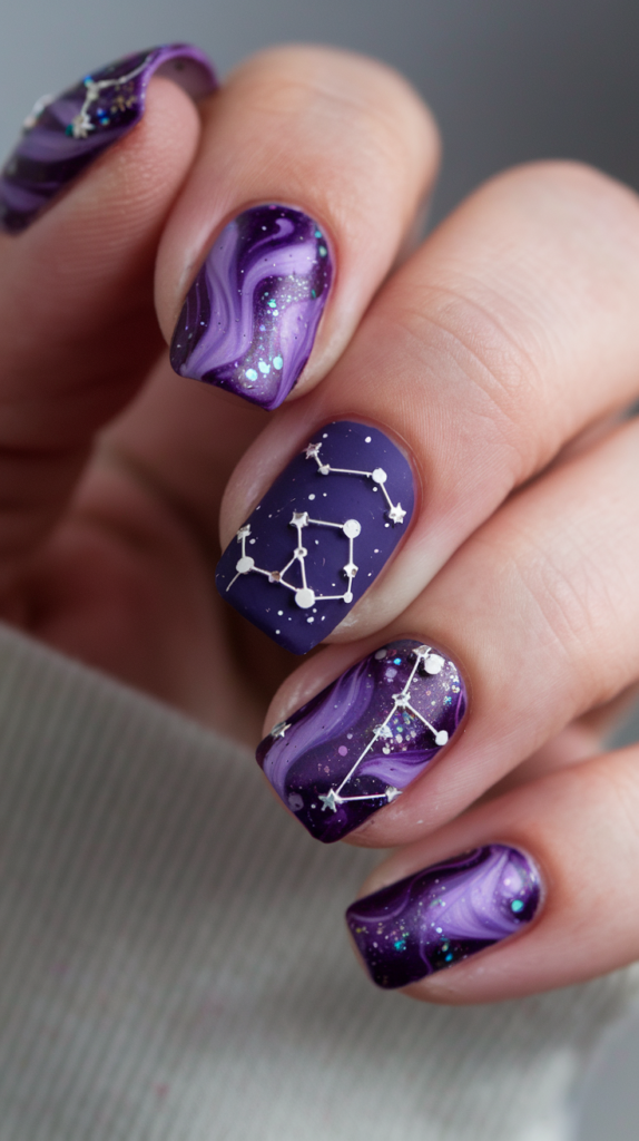 Deep purple nails with starry glitter and white cosmic designs, resembling a galaxy.
