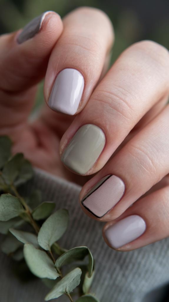 Minimalist nails with small geometric shapes, like triangles and squares, in muted tones