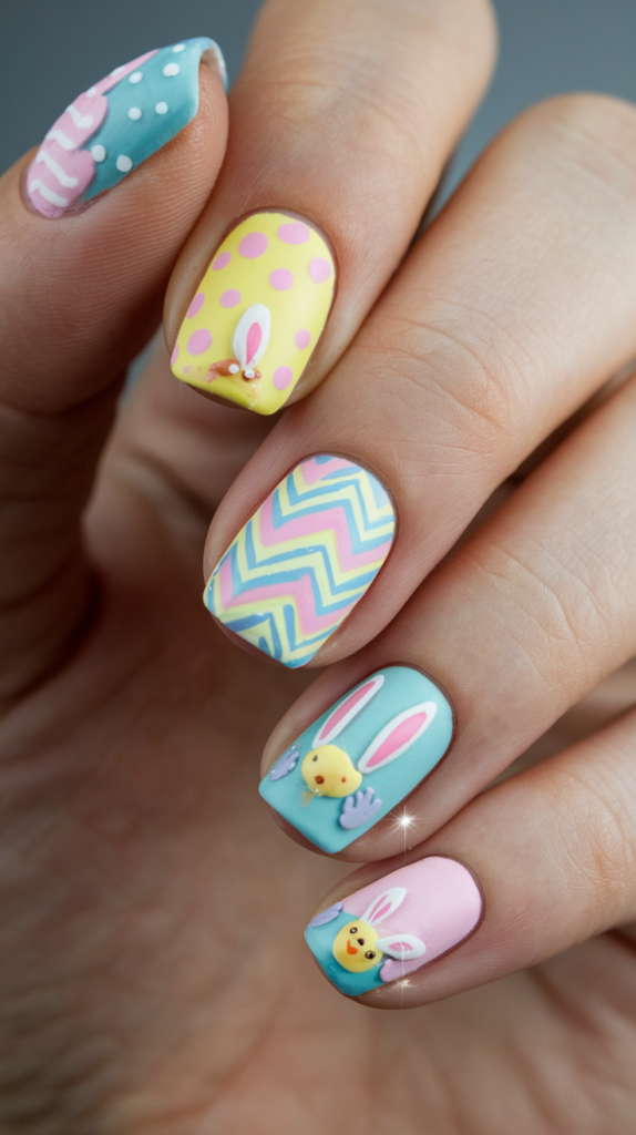 Bright pastel Easter nail design with soft ombre shades, featuring cute bunny ears, polka dots, and mini egg motifs