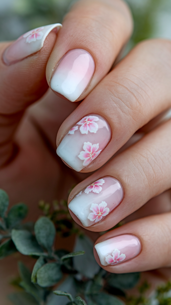 Nails with a gradient ombre effect fading from pink to white, adorned with soft floral patterns for a seamless, elegant transition