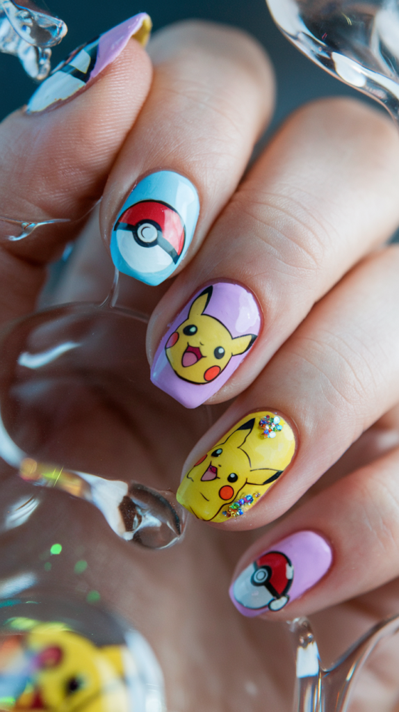 Colorful nails featuring a Pokéball, Pikachu, and other Pokémon characters with a bright and playful look