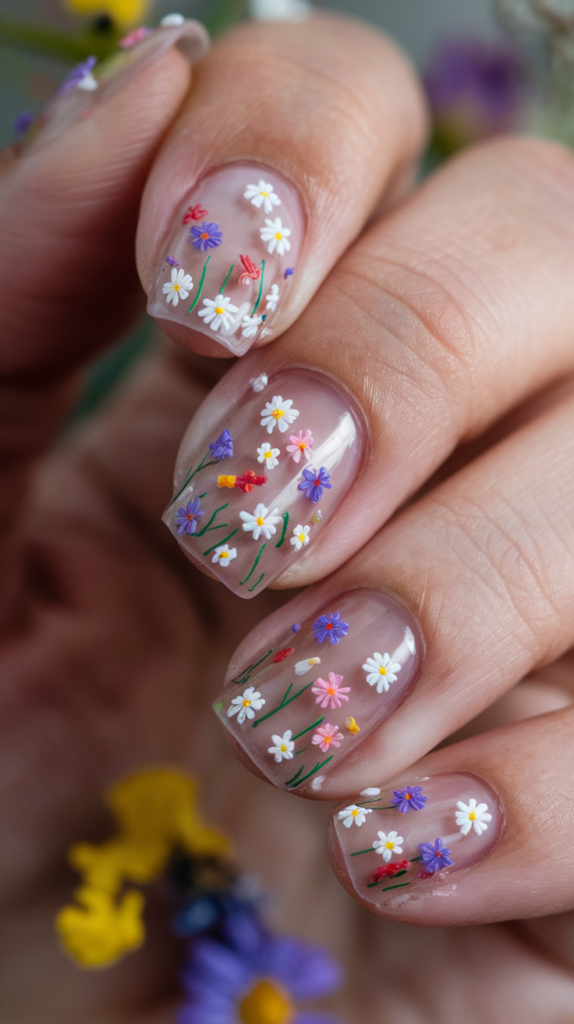 Transparent nails with colorful wildflowers scattered across the surface, creating the effect of a blooming wildflower meadow