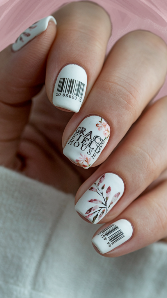 Minimalist white nails with barcodes, cryptic codes, and symbols representing the escape from Grace Field House