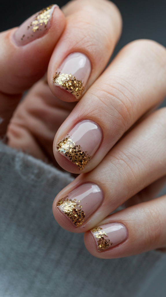 Nude nails with gold glitter concentrated around the cuticles for a reverse glam look.
