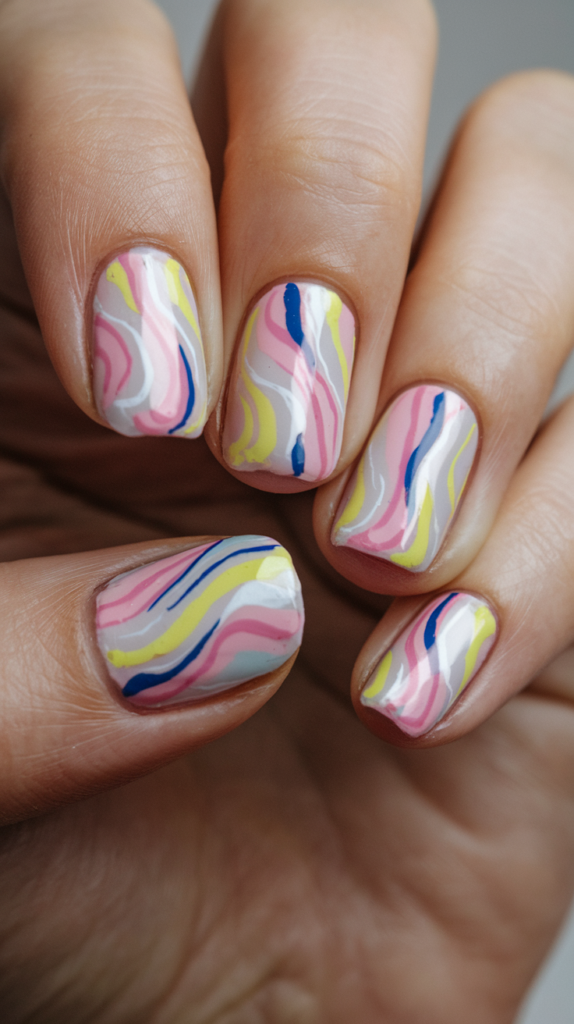 Nails with curvy wave patterns in pastel colors like soft pink and baby blue, flowing smoothly across the nails for a relaxed, summery look.