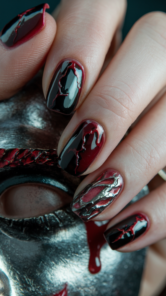 Dark red and black nails showcasing Ken Kaneki’s ghoul mask with a glossy finish and blood splatter effects