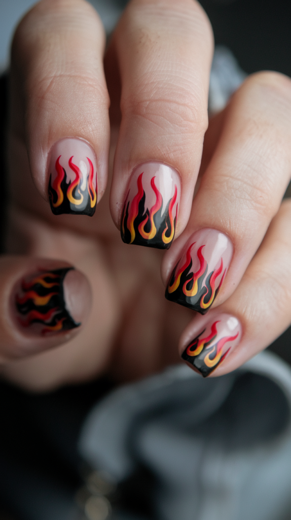 Dynamic black nails with vivid red and orange flame designs rising from the tips, symbolizing energy and passion