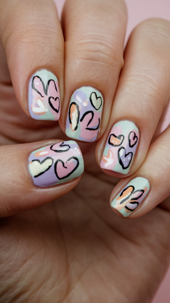 Nails with a pastel base and tiny heart shapes in soft pastel colors like mint green, baby blue, and blush pink, placed randomly for a sweet design.