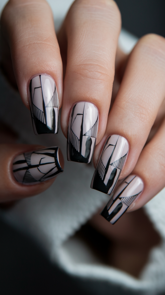 Minimalistic geometric line art on nude acrylic nails, showcasing sharp black triangles, lines, and shapes for a modern, clean design.

