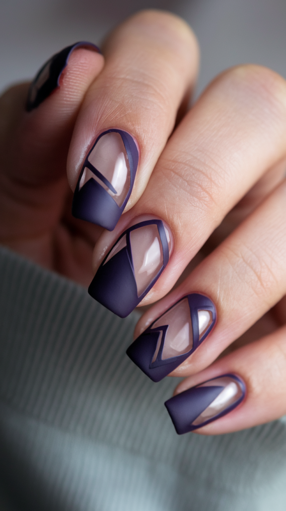 Dark purple nails with clear, geometric negative space cutouts for a bold look