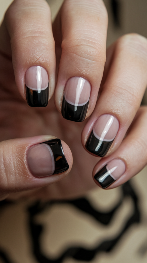 Modern take on the French manicure with black polish at the base of the nails, reversing the traditional style