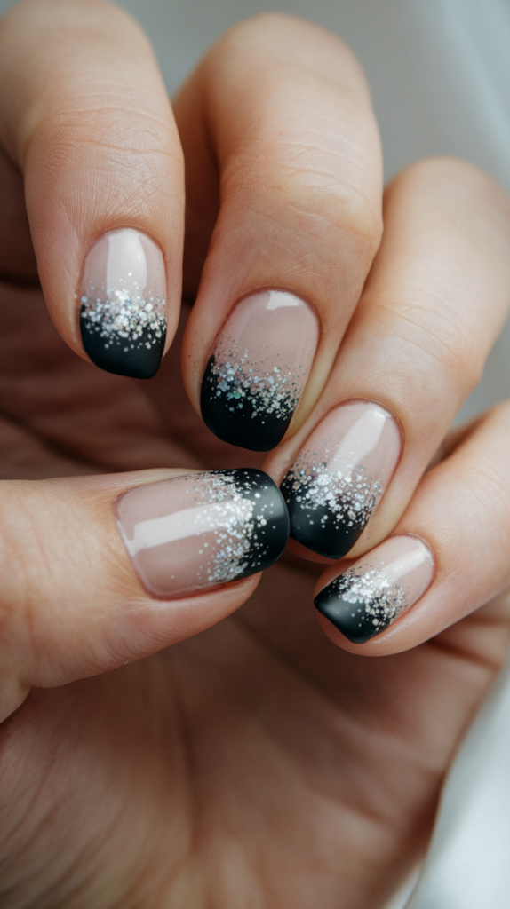 Nails painted in a gradient transitioning from deep black to sparkling silver glitter towards the tips