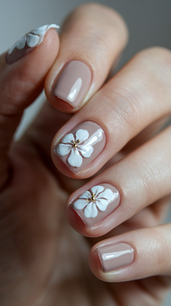 Close-up of minimalist nude nails with a delicate white flower on one nail, offering a clean and elegant look