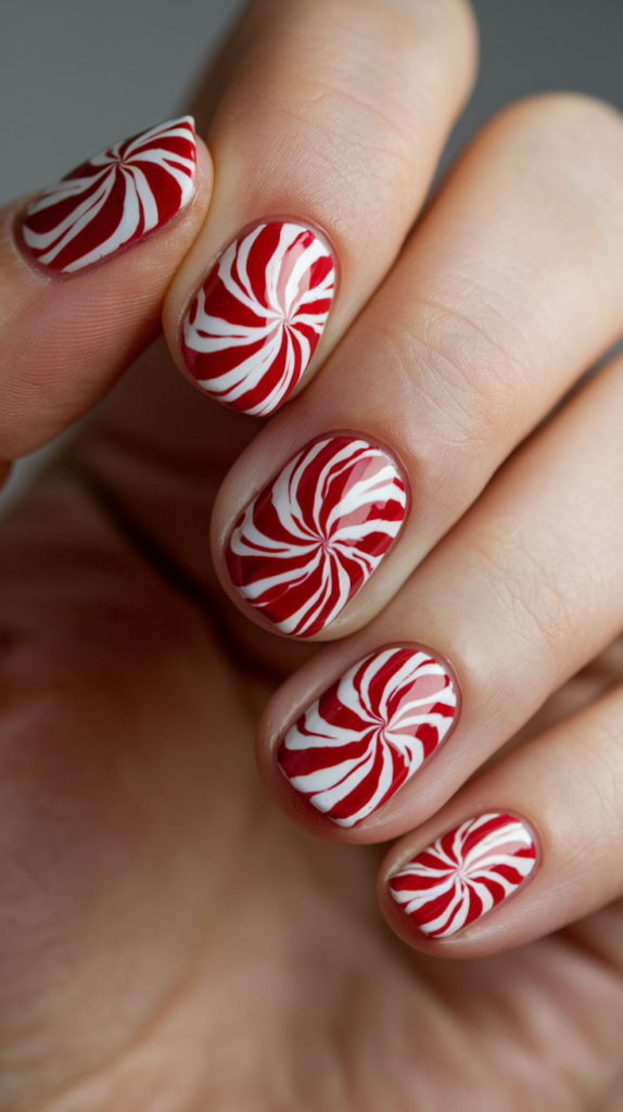 Red and white swirl design on nails, resembling peppermint candies with a glossy, sweet finish.