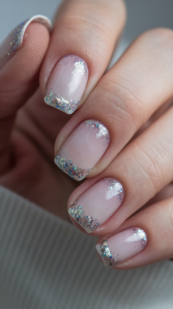 White nails with rainbow glitter tips for a playful and colorful design.