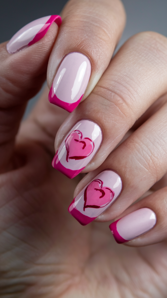 Playful French manicure featuring tiny heart-shaped pink tips on a light pink base, ideal for a romantic look