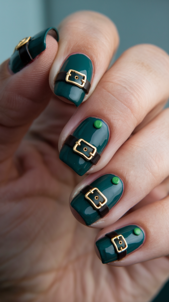 Green and red nails with fun elf belt buckle designs, including gold buckles for a playful Christmas look