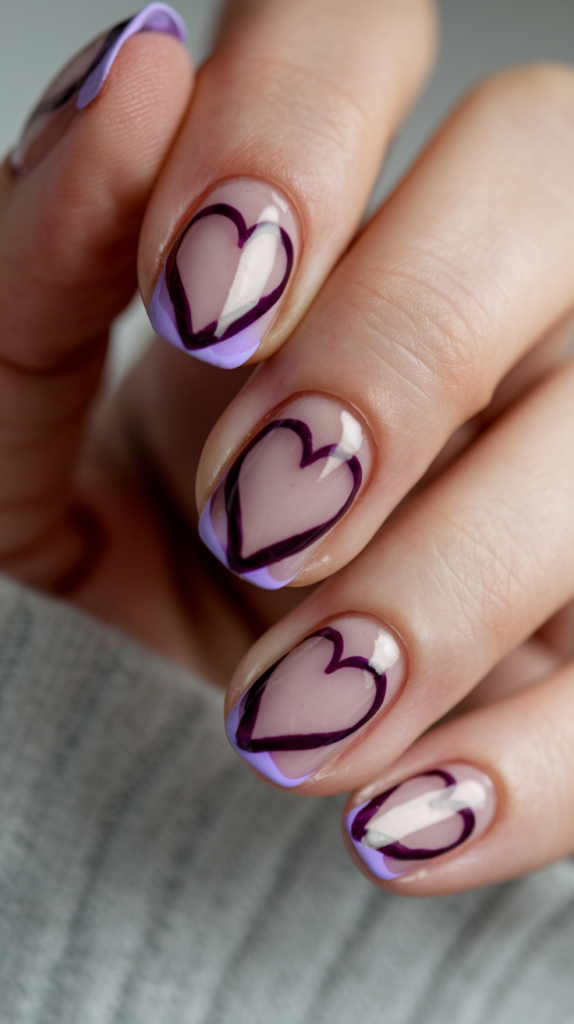 Lilac nails featuring heart-shaped French tips in deep purple, perfect for romantic occasions.
