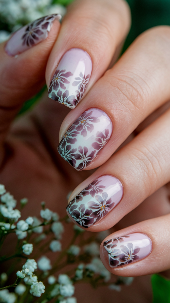 Nails with a gradient fade from light to dark, featuring floral designs at the tips that blend into the ombre background