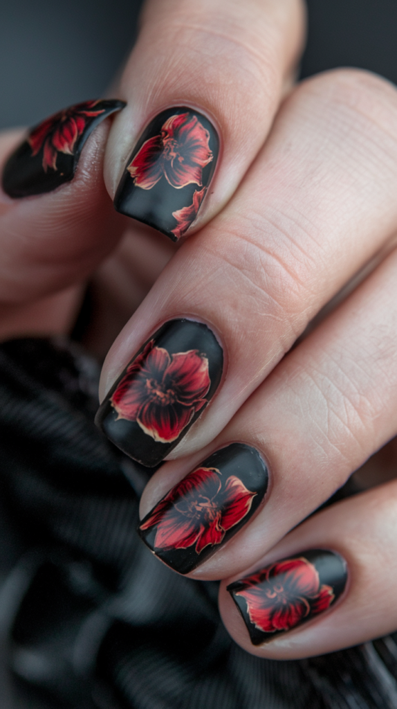 Dark nails with deep red and black floral designs, featuring bold, velvety petals against a gothic-inspired dark base