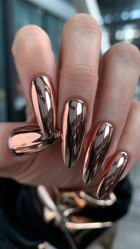 Rose gold chrome nails with a sleek, reflective finish, creating a metallic and sophisticated look that exudes modern elegance.

