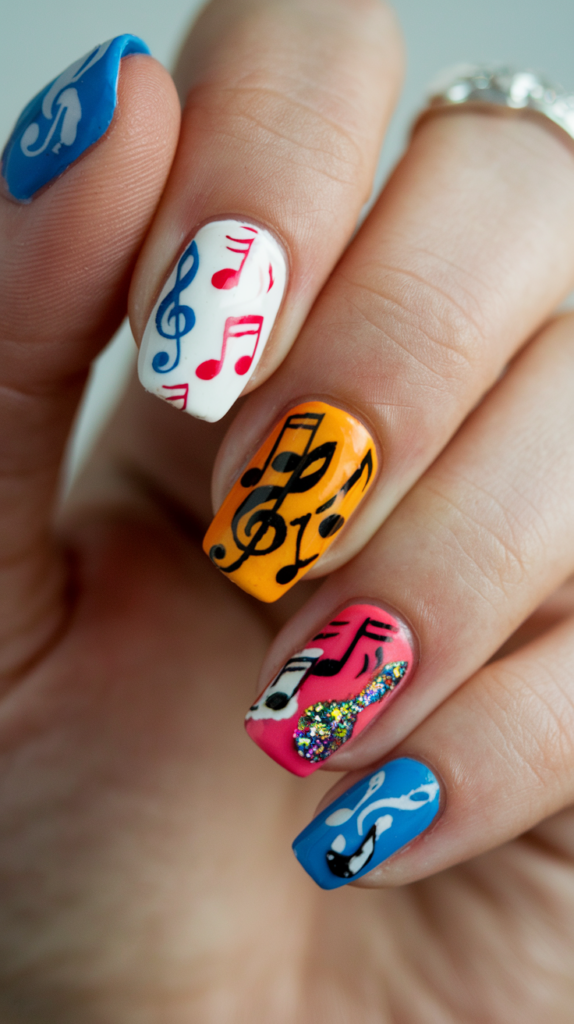 Bright, colorful nails featuring musical notes, instruments, and chibi versions of the K-On! band members