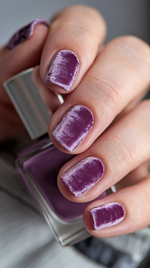 Textured velvet-effect nails in a rich, deep purple shade with a soft, plush finish.
