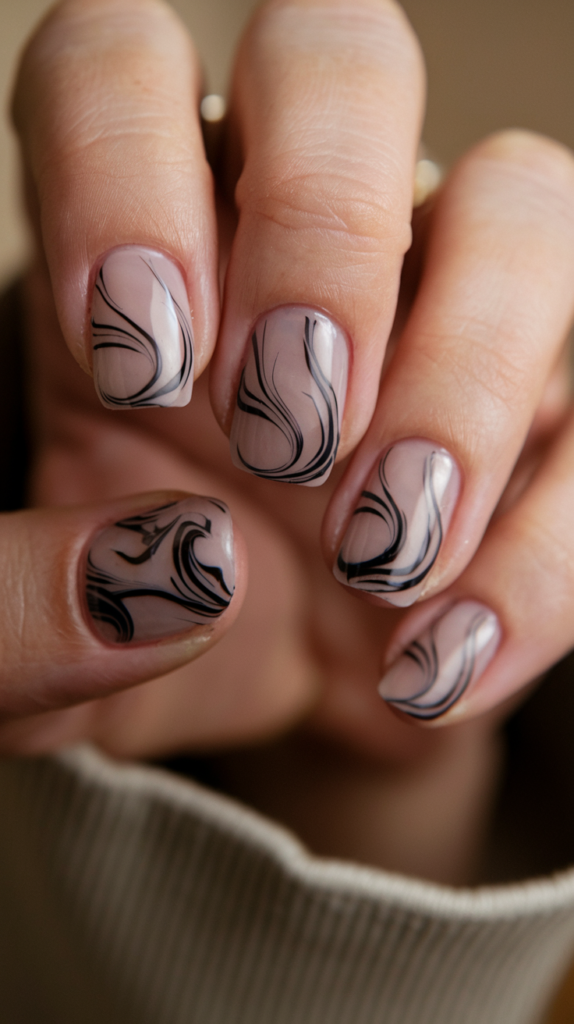 Elegant black swirls delicately painted on transparent nails, combining clarity with ornate detailing