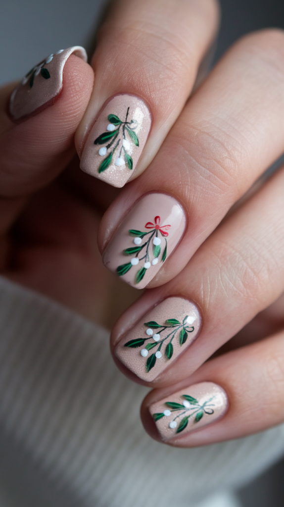 Nude nails with delicate mistletoe leaves and white berries, accented with tiny pearls for a subtle, glamorous Christmas look