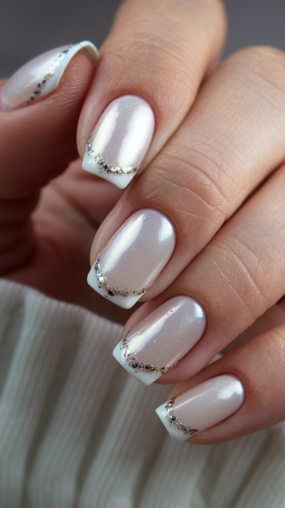 White nails with a soft pearl finish and subtle glitter accents for a shimmery effect.
